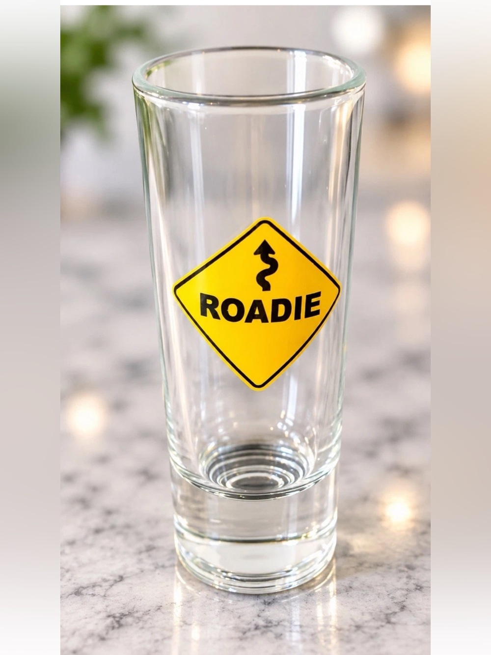 Roadie Yellow Road Sign Shot Glass Novelty Barware Music Tour Crew Collectible
